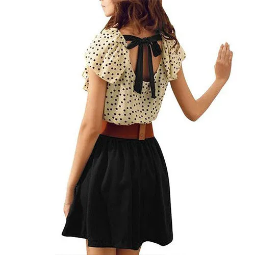 Allegra K Women Dots Print Flouncing Patchwork Dress W Waist Belt