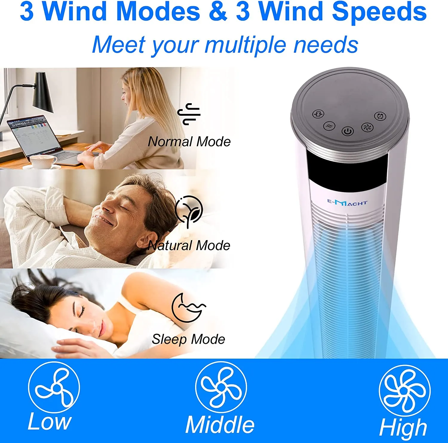 E-Macht 43" Electric Standing Bladeless Tower Fan with Remote, 3 Speed Setting & Auto-off Timer