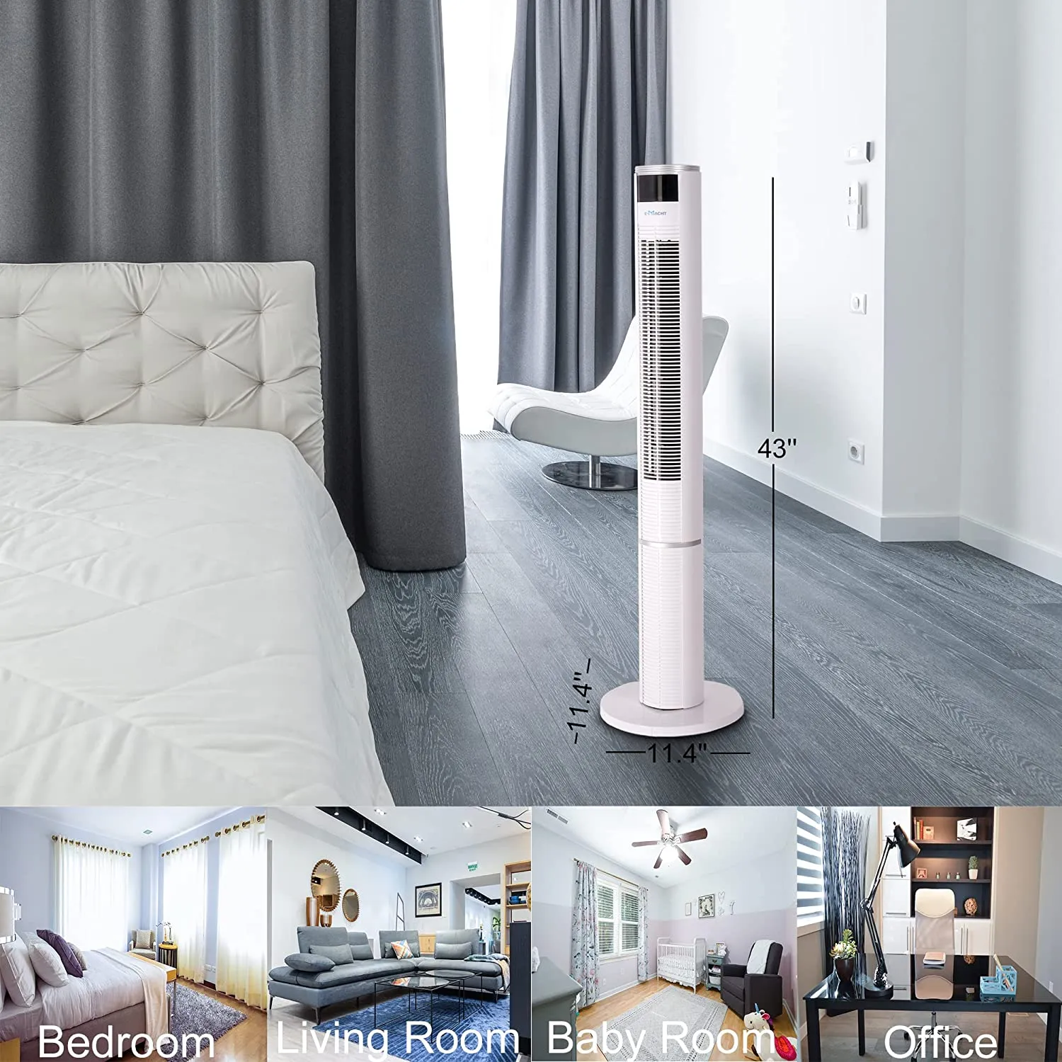 E-Macht 43" Electric Standing Bladeless Tower Fan with Remote, 3 Speed Setting & Auto-off Timer