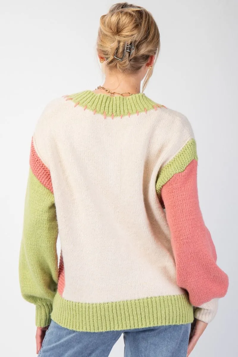 Easel Color Block Knit Pullover Sweater In Oatmeal