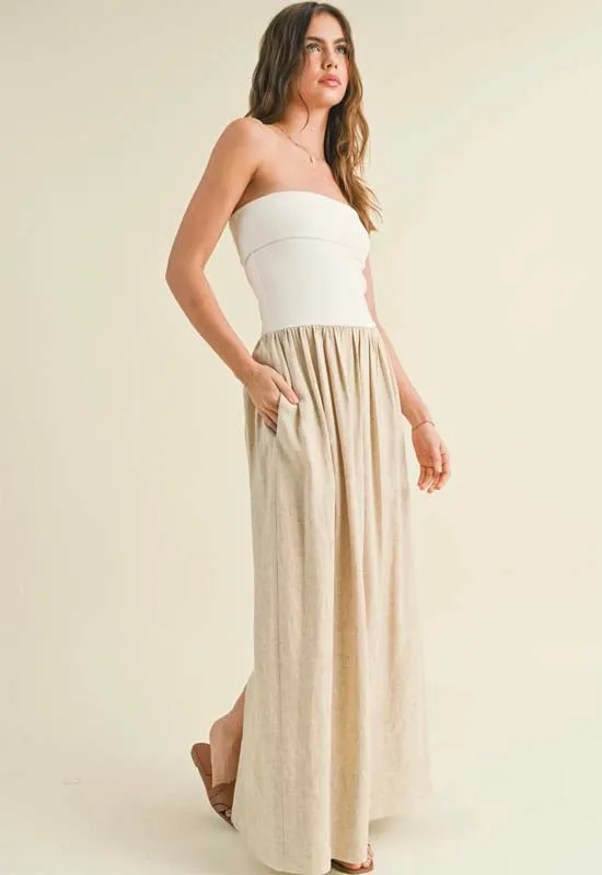 Linen with Knitted Ribbed Top Combo Dress - White Oatmeal