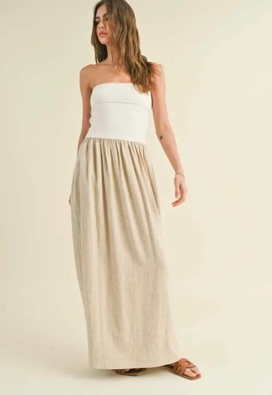 Linen with Knitted Ribbed Top Combo Dress - White Oatmeal