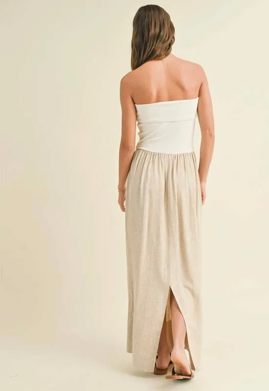 Linen with Knitted Ribbed Top Combo Dress - White Oatmeal
