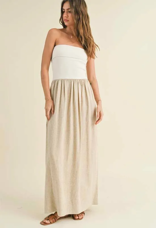 Linen with Knitted Ribbed Top Combo Dress - White Oatmeal