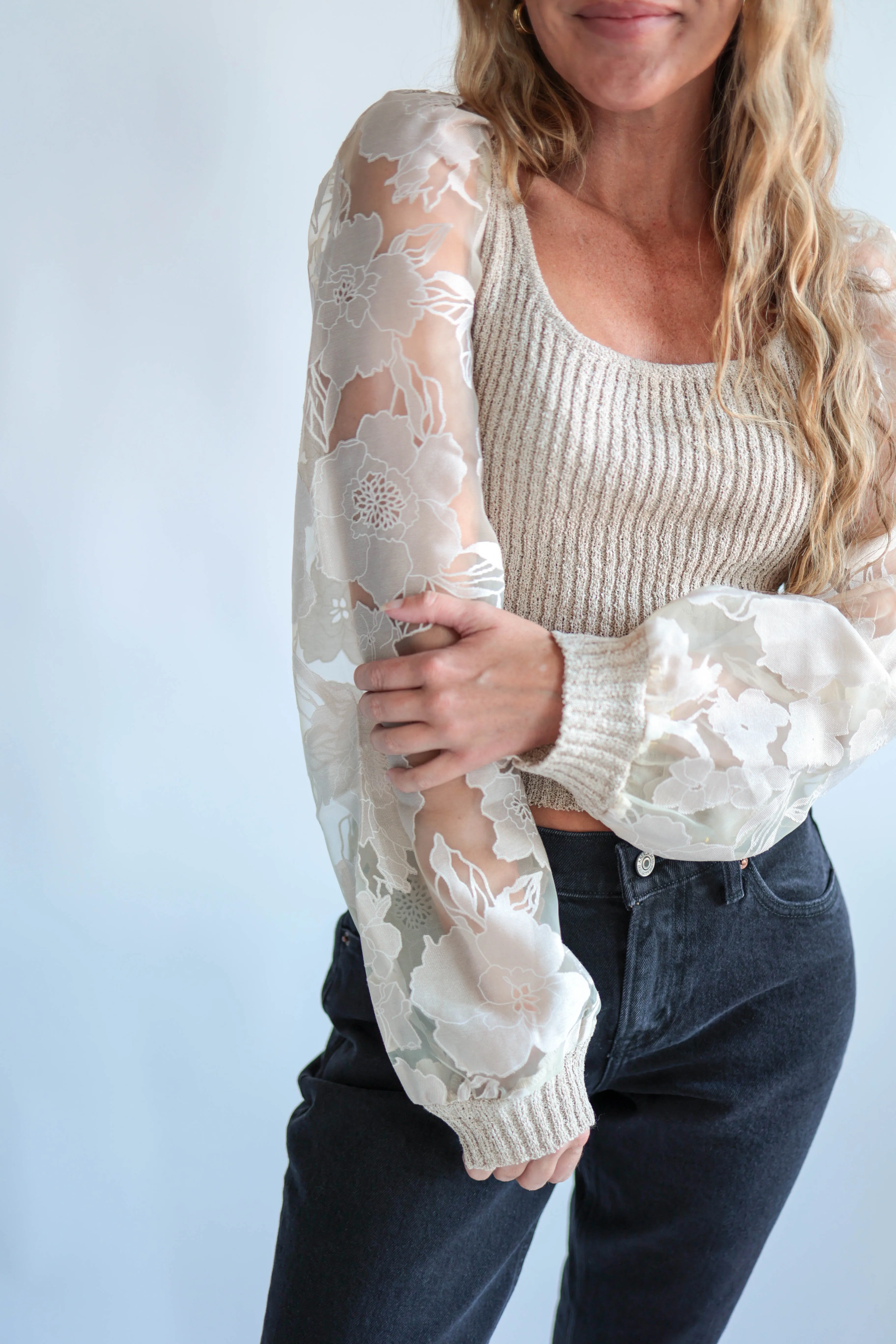 Oatmeal Floral Sheer Sleeve Top