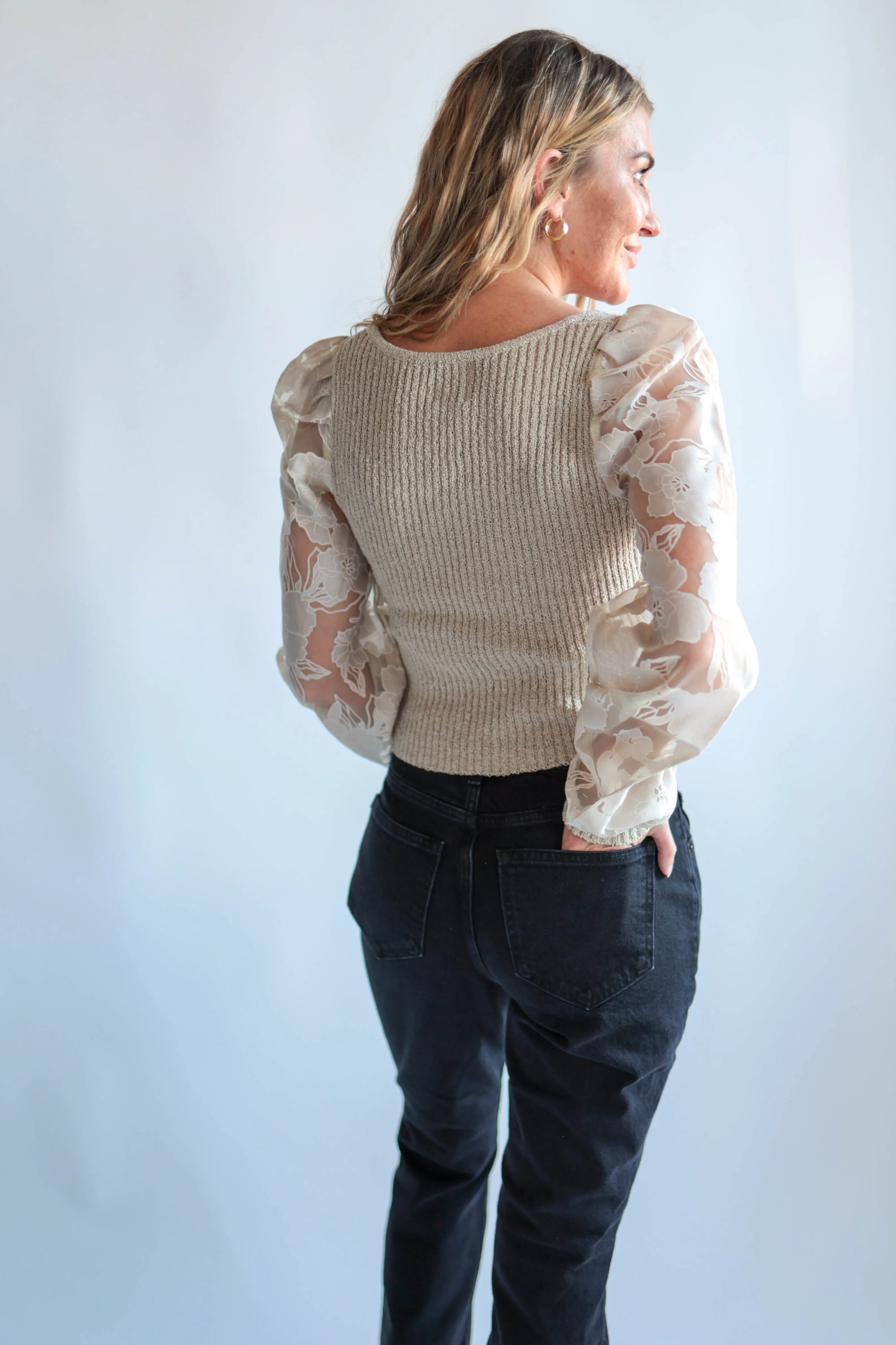Oatmeal Floral Sheer Sleeve Top