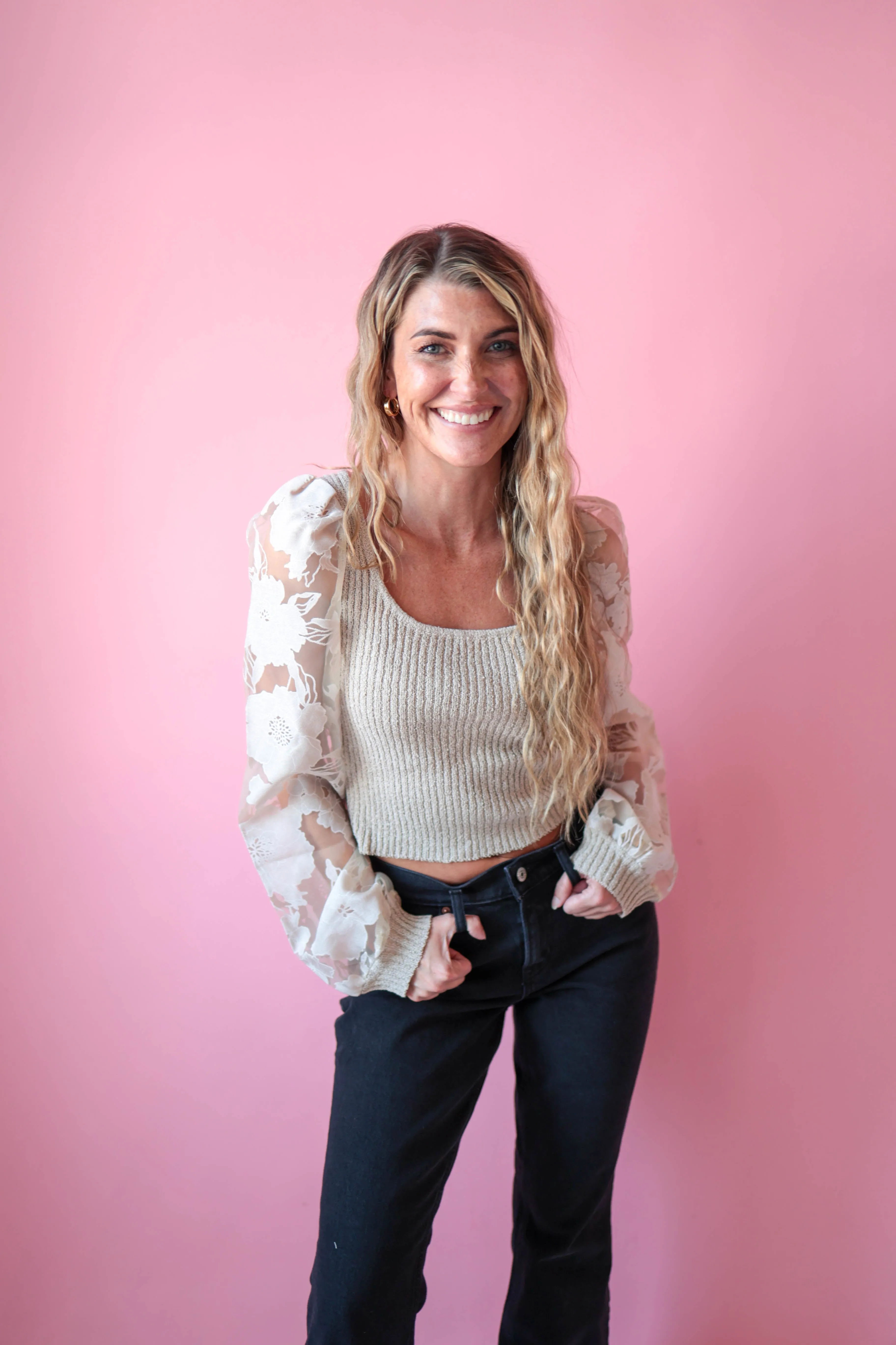 Oatmeal Floral Sheer Sleeve Top