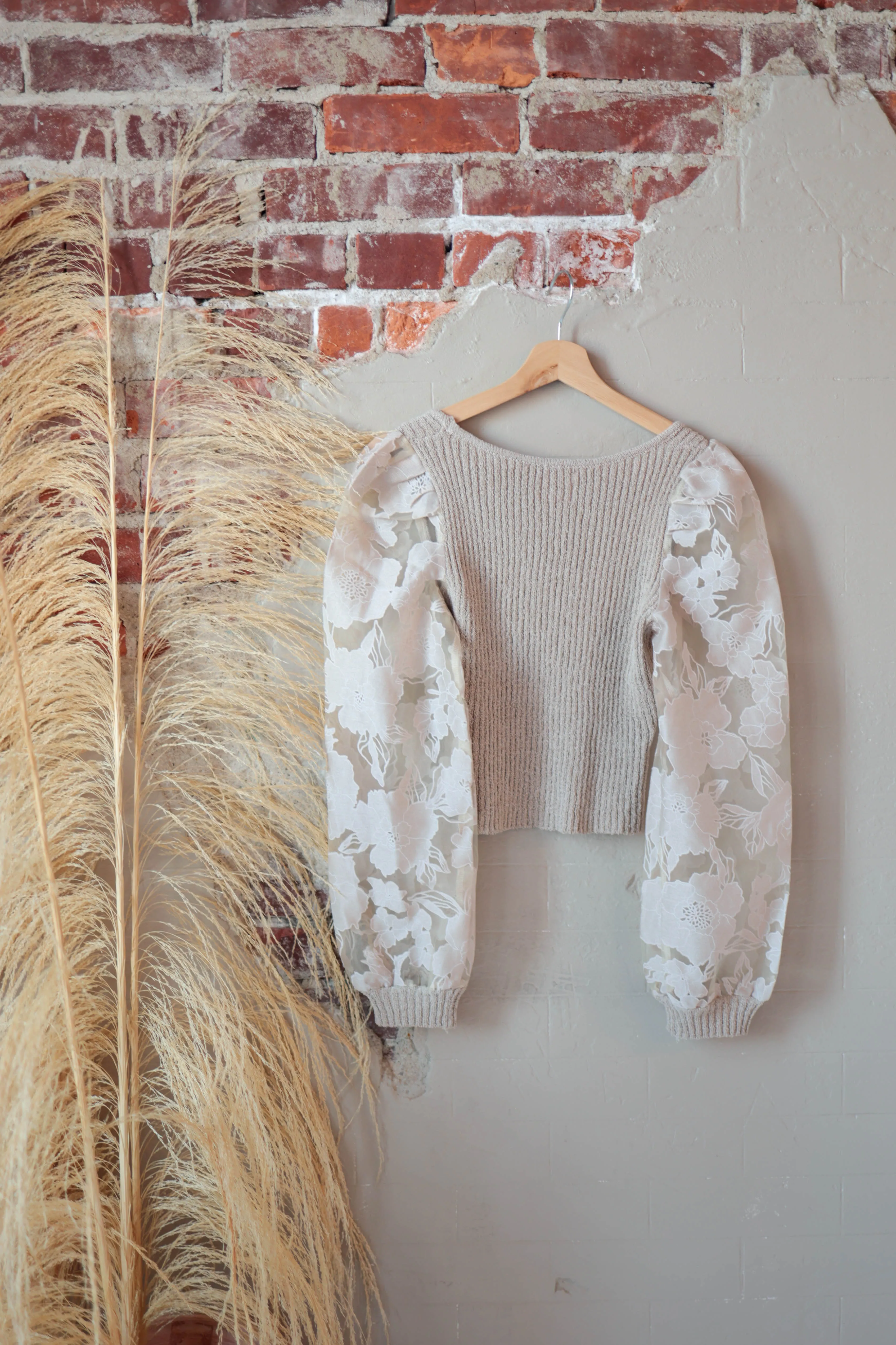 Oatmeal Floral Sheer Sleeve Top