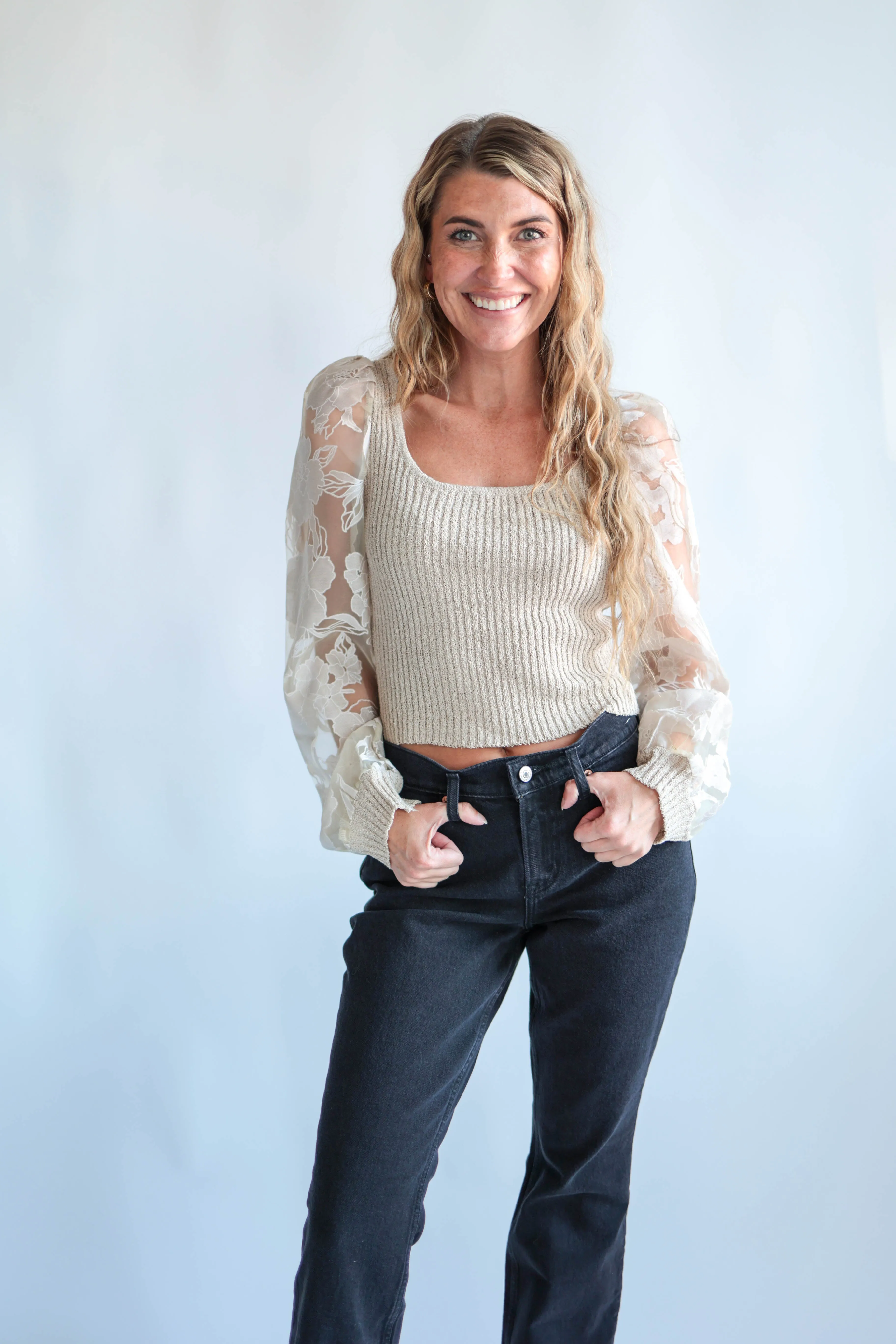 Oatmeal Floral Sheer Sleeve Top
